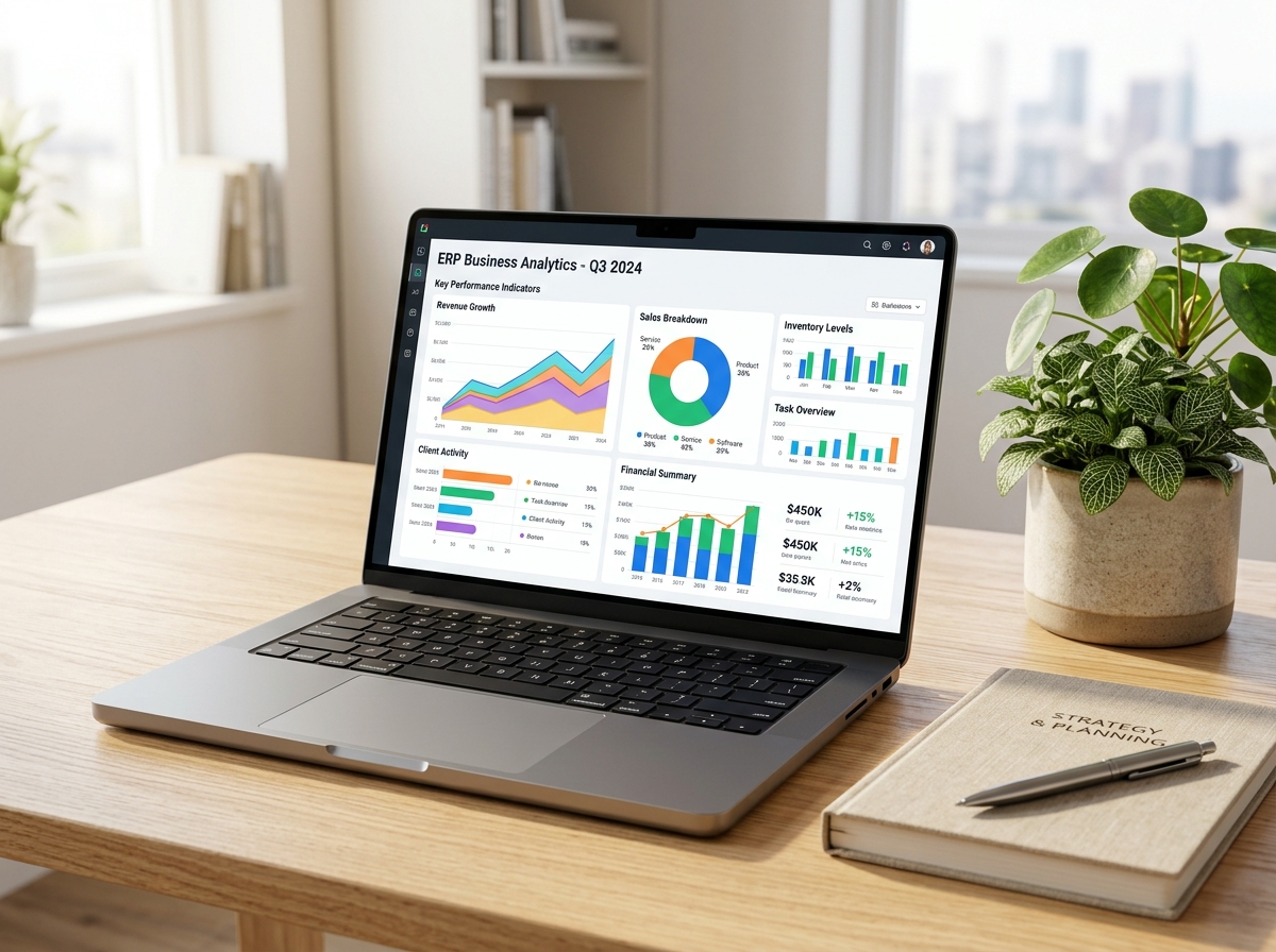 MaaInfoSoft ERP Dashboard on Laptop